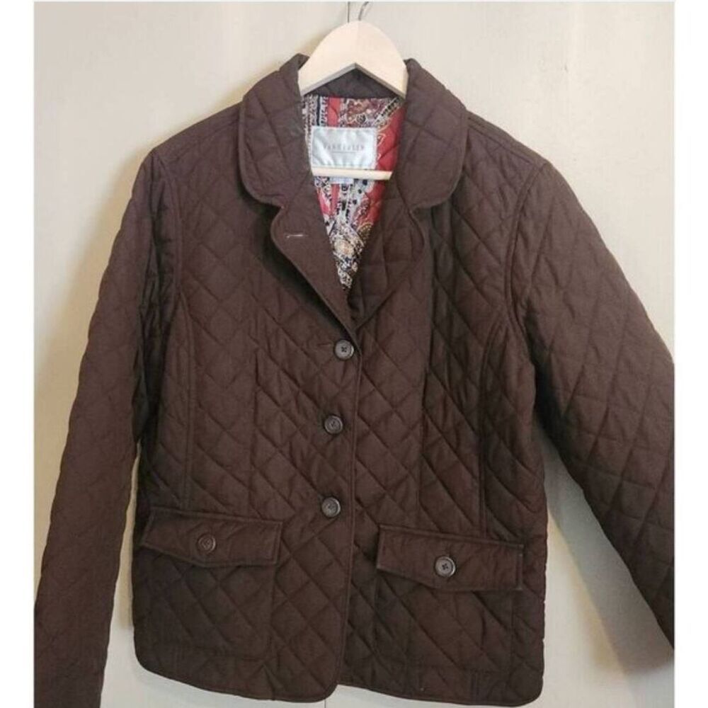 J43 Van Heusen Brown quilted women's jacket w pretty red & brown paisley lining